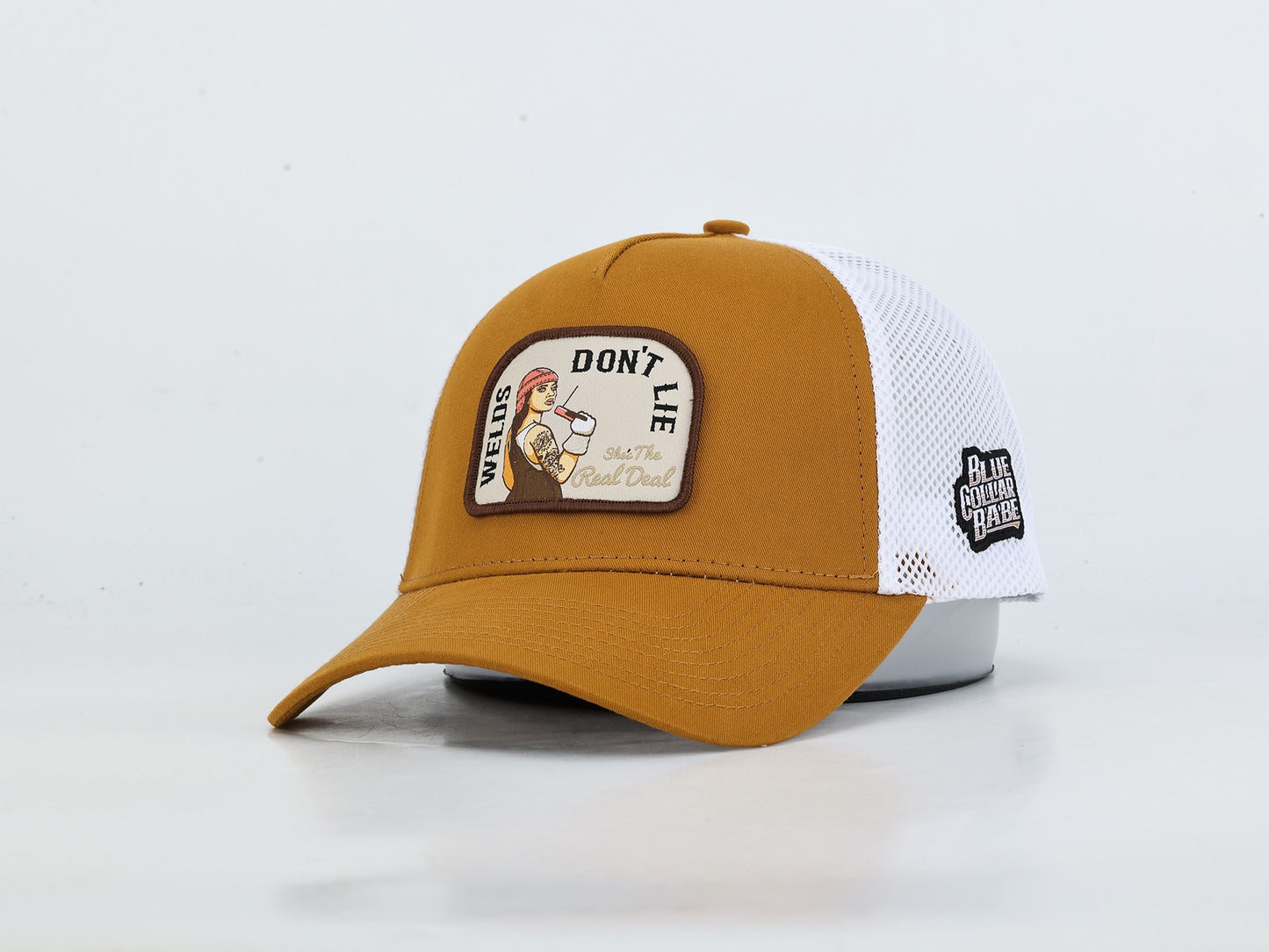 Don't Lie She's the Real Deal mustard and white trucker hat front view