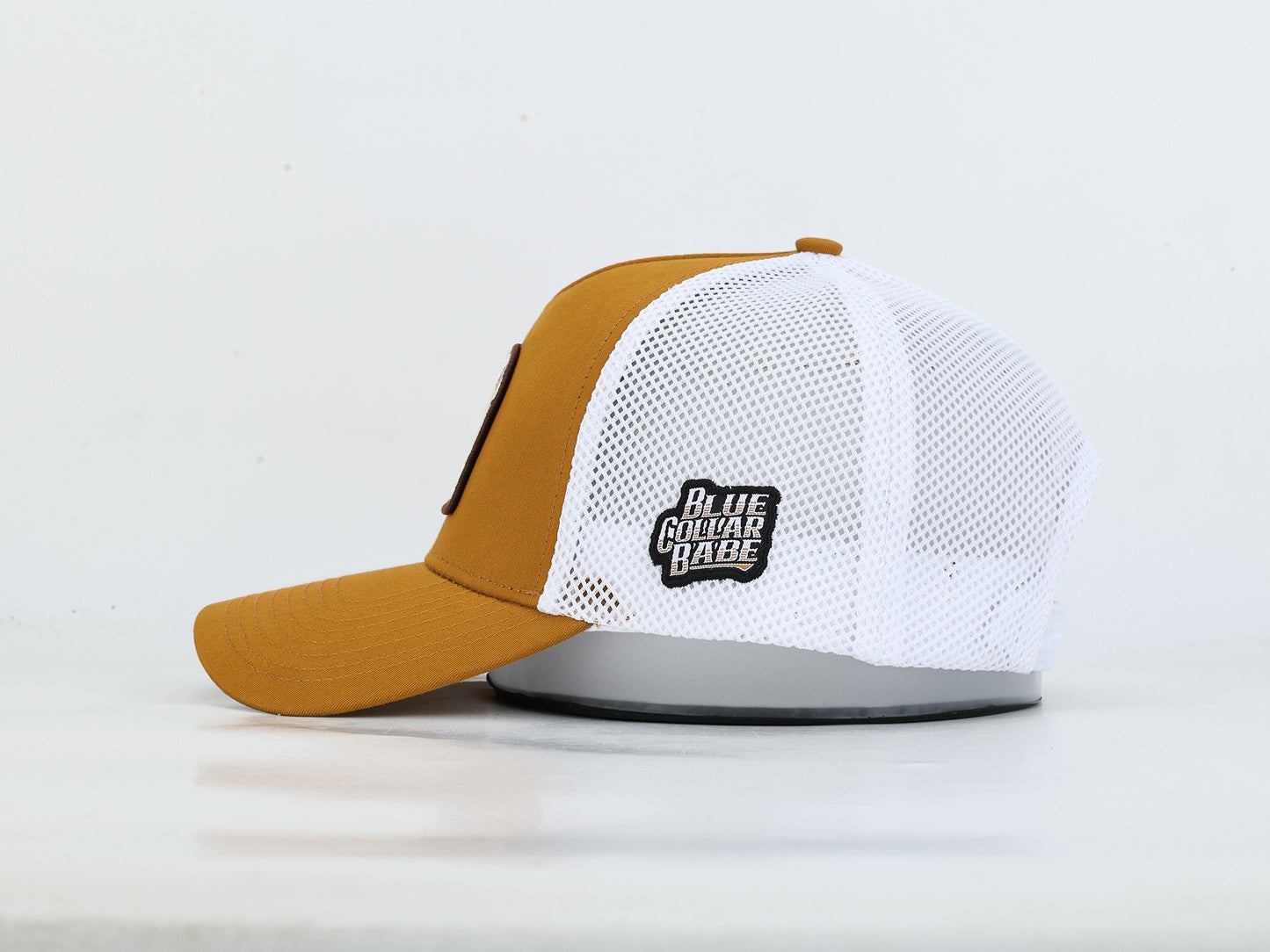 Don't Lie She's the Real Deal mustard and white trucker hat side view