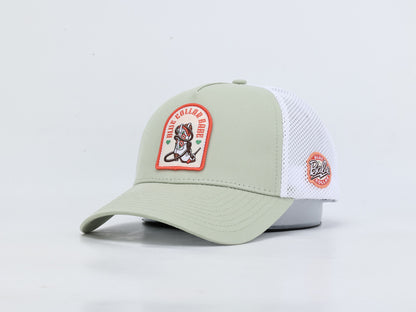Blue Collar Babe sage green hockey trucker hat front view
