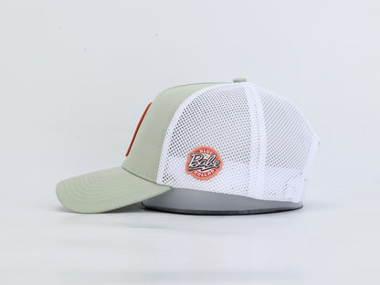Blue Collar Babe sage green hockey trucker hat side view