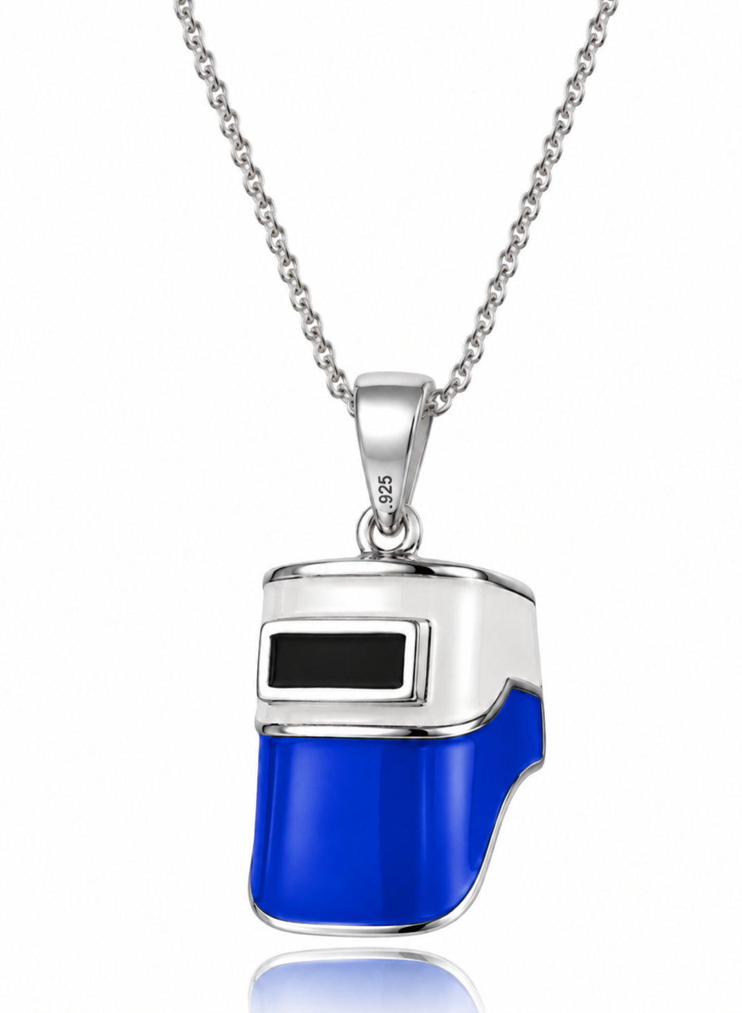 Blue and white welding hood pendant on silver chain
