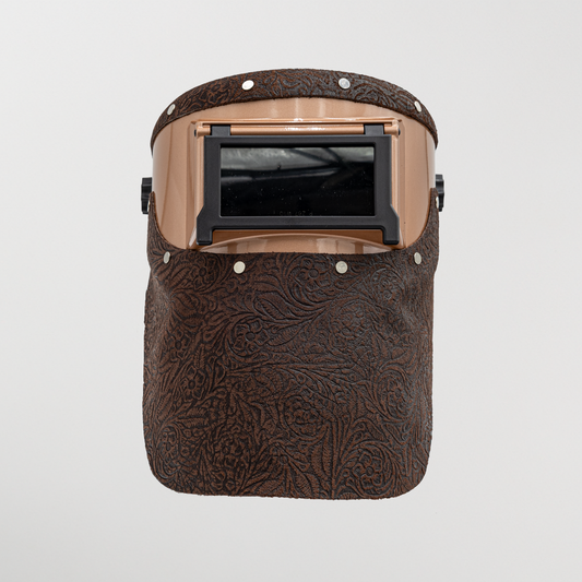 Slimline Welding Hood - Copper and Brown Floral Suede